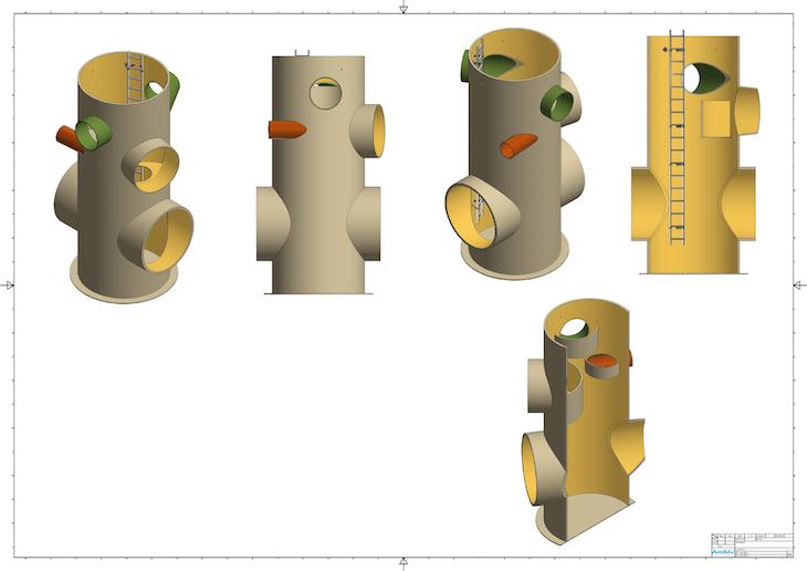 Rysunki rozwiązań kształtnych z produktów GRP dla projektu Narbuto: komory zwalniające prędkość przepływu.